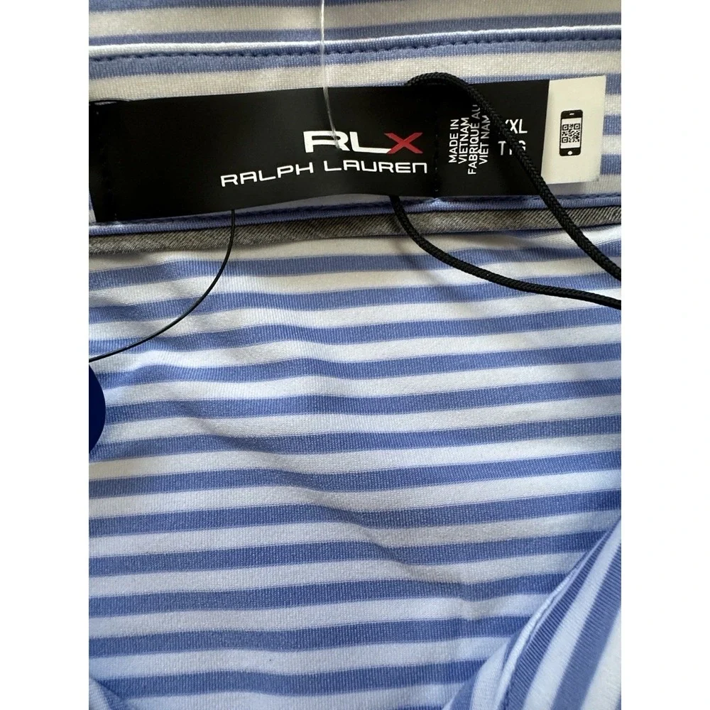 rlx ralph lauren Golf polo shirt mens XXL Blue White Striped Wicking Short‎ Slvs